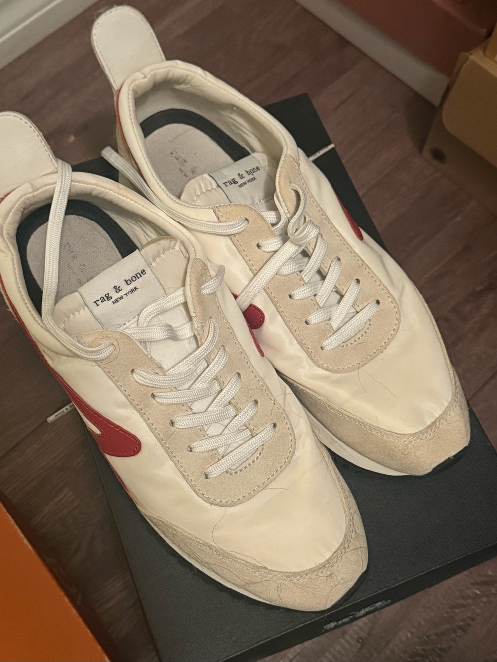 rag & bone Cream and Red Leather & Suede Low-Top Sneakers